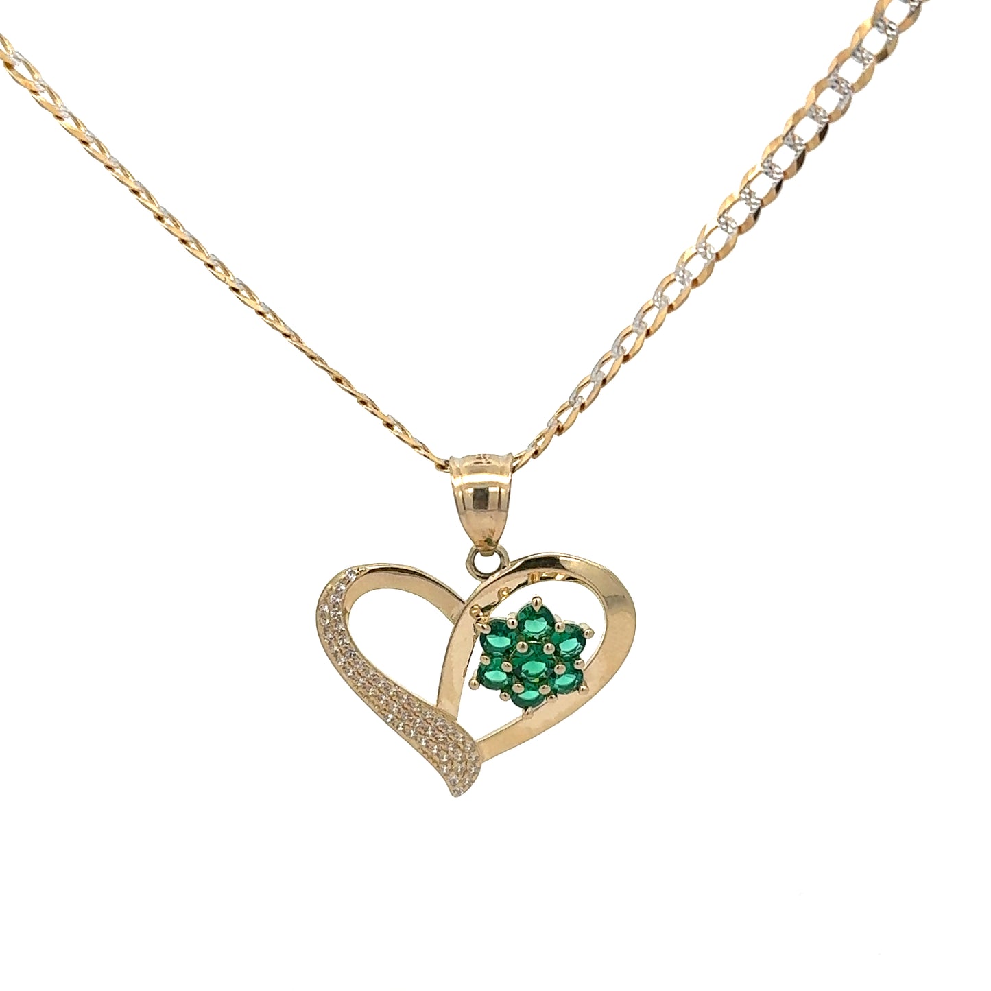 New 14K CZ Heart Pendant & Solid Two Tone Cuban Chain (2.1MM). H.J™️