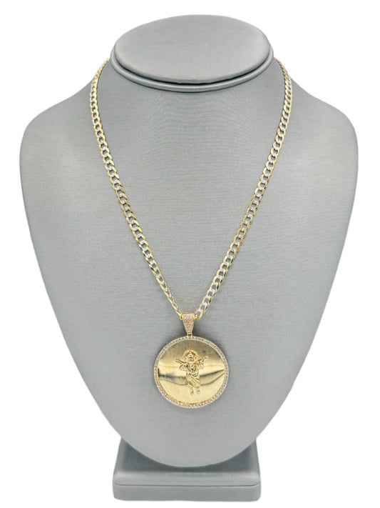 New 14K CZ Round Divino Niño Pendant & Solid Two Tone Cuban Chain (4.6MM). H.J™️