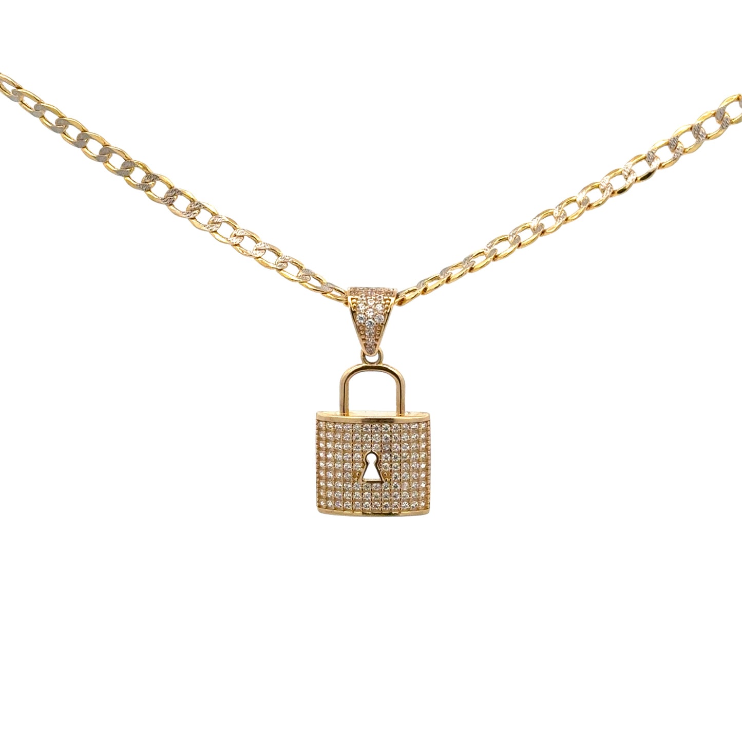 New 14K CZ Lock Pendant & Two Tone Cuban Chain H.J™️