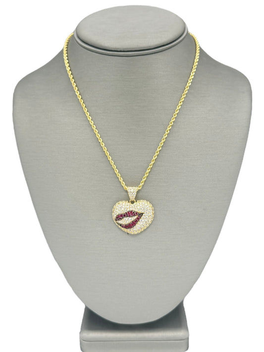 New 14K CZ Heart & Lips Pendant & Rope Chain. H.J™️