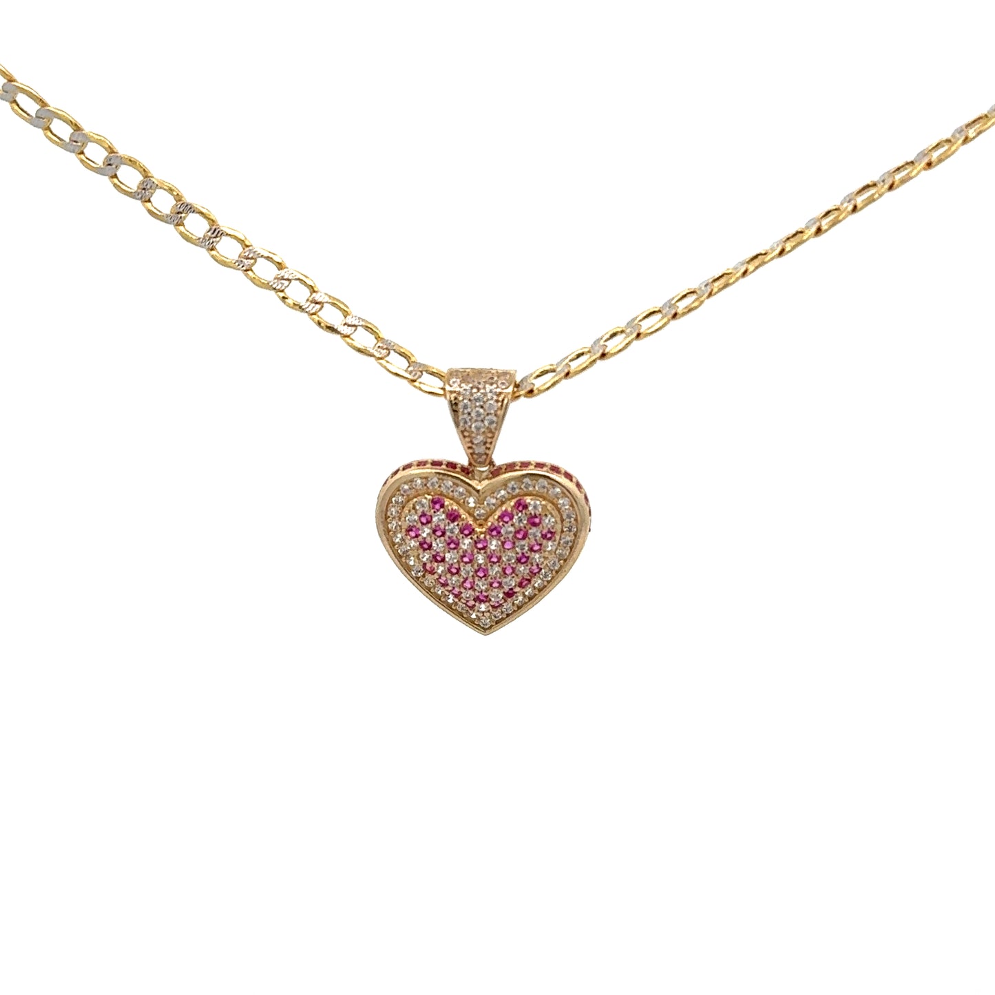 New 14K CZ Heart Pendant & Two Tone Cuban Chain (2.5MM). H.J™️