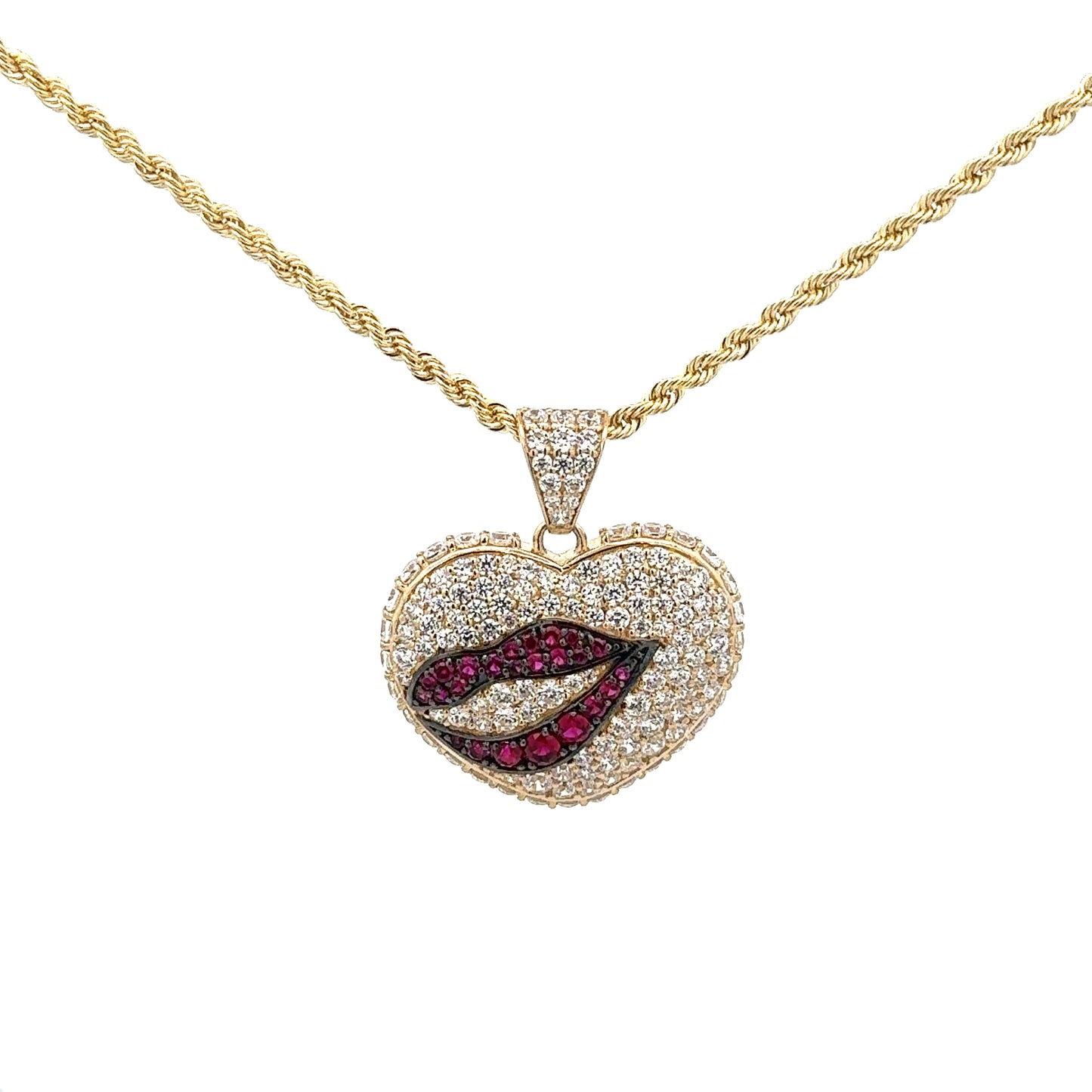 New 14K CZ Heart & Lips Pendant & Rope Chain. H.J™️