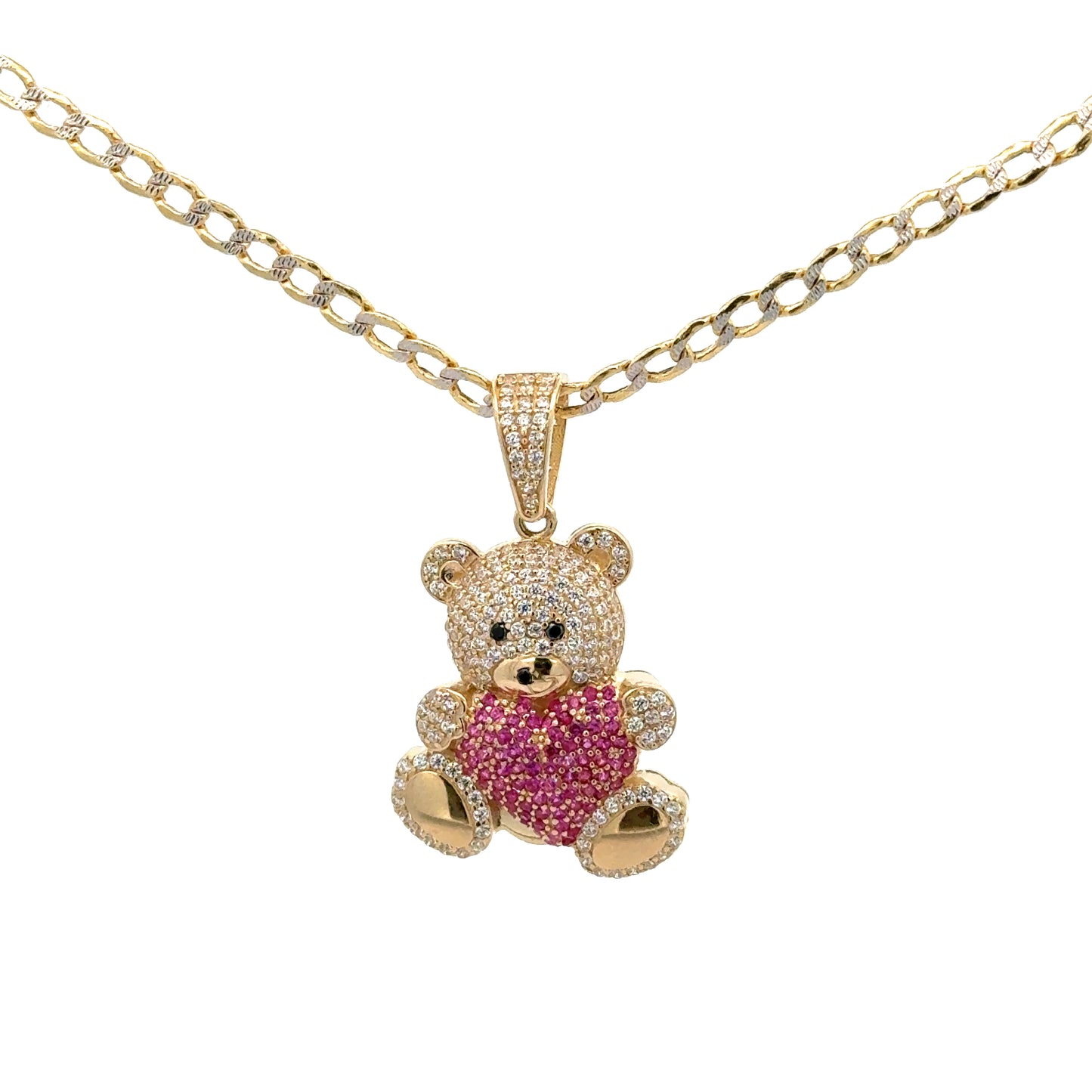 New 14K CZ Teddy Bear Pendant & Two Tone Cuban Chain (3.1MM). H.J™️