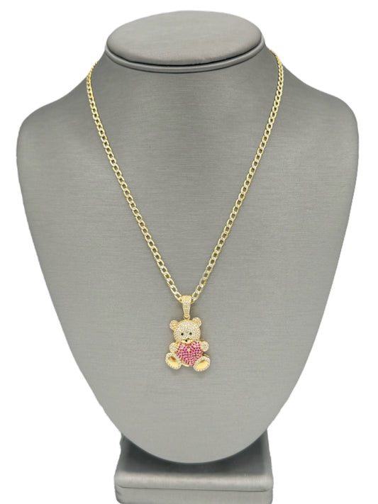 New 14K CZ Teddy Bear Pendant & Two Tone Cuban Chain (3.1MM). H.J™️