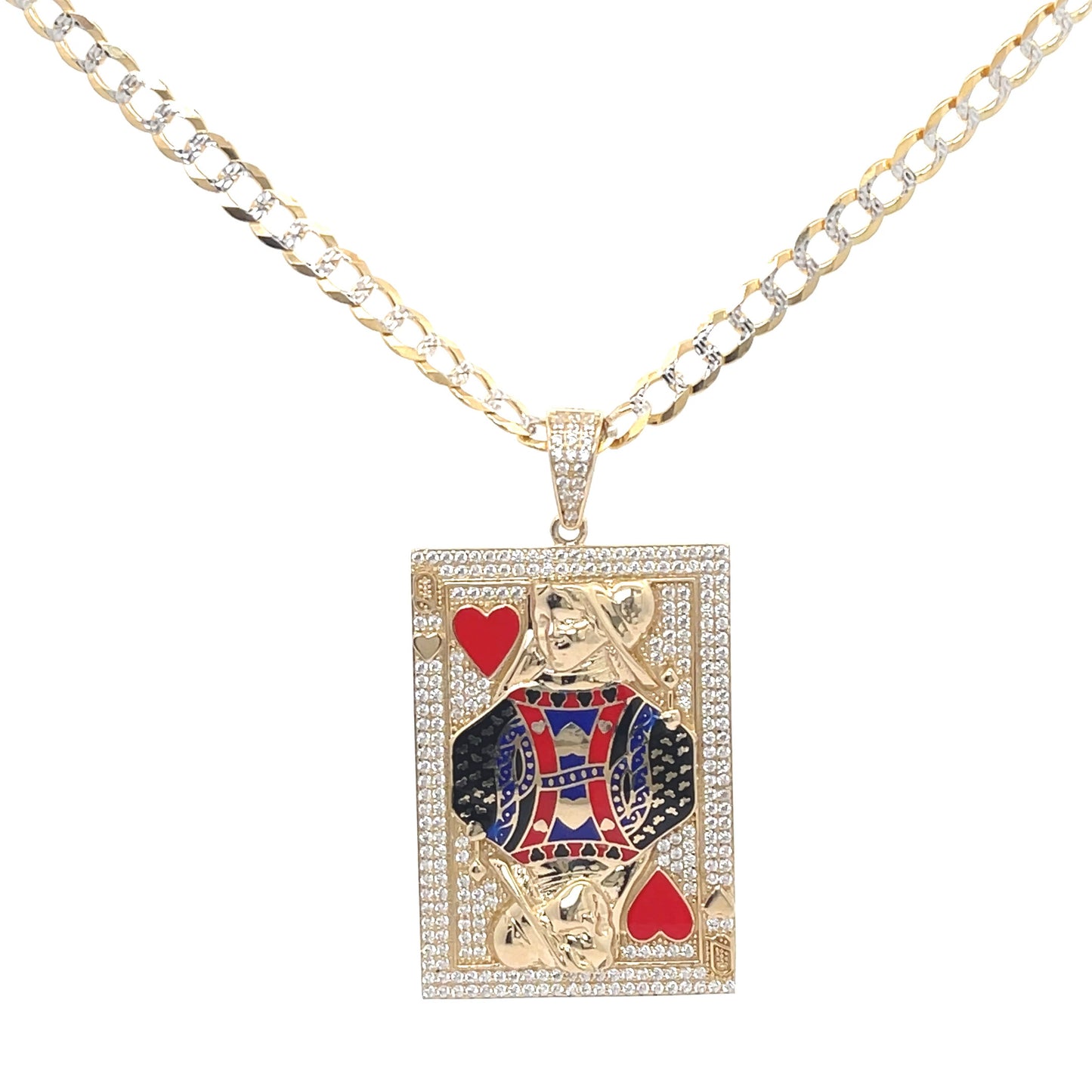 New 14k CZ Queen of Hearts Pendant & Solid Two Tone Cuban Chain (4.7MM). H.J™️