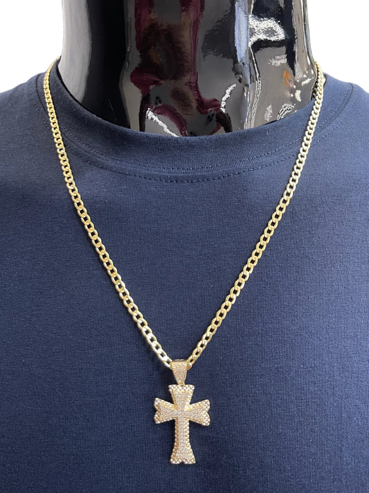 New 14K CZ Cross Pendant & Cuban Chain (4.0MM). H.J™️