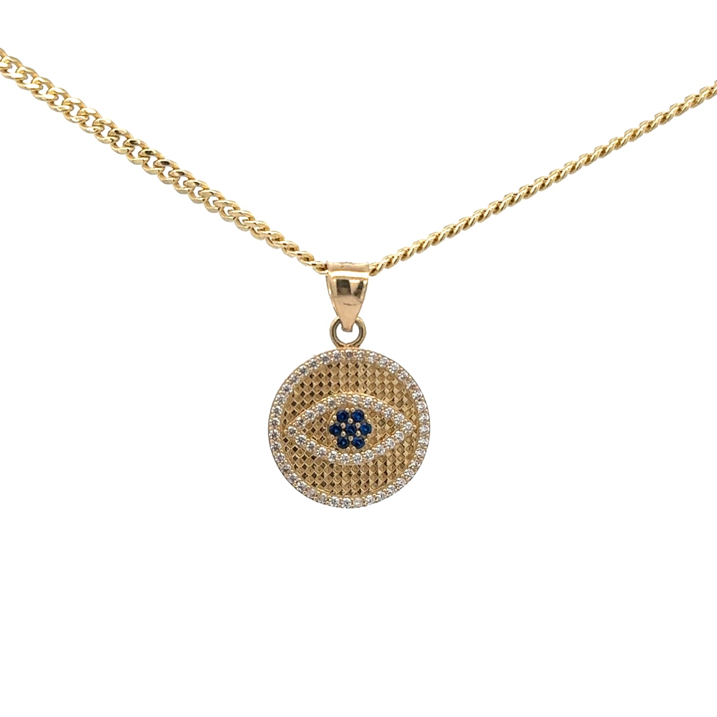 New 14K CZ Round Evil Eye Pendant & Miami Cuban Chain (2.8MM). H.J™️