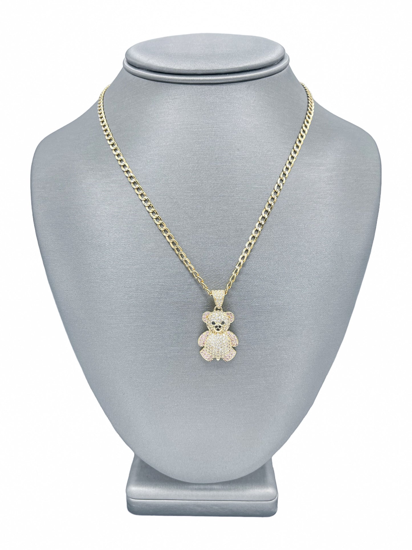 New 14k CZ Teddy Bear Pendant & Two Tone Cuban Chain (3.5MM) H.J™️