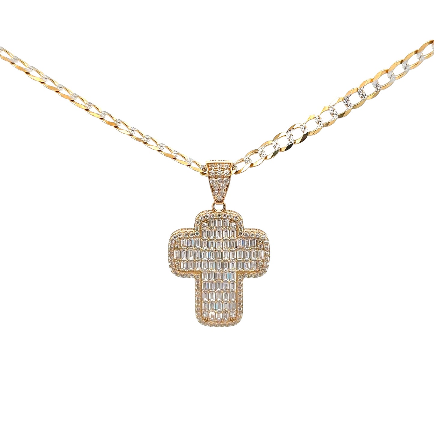 New 14K CZ Cross Pendant & Two Tone Solid Cuban Chain. H.J™️