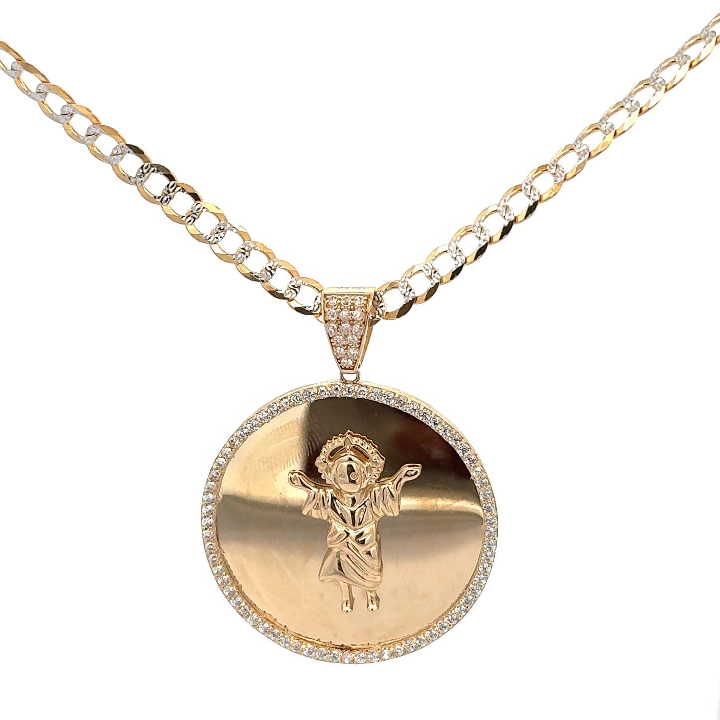 New 14K CZ Round Divino Niño Pendant & Solid Two Tone Cuban Chain (4.6MM). H.J™️