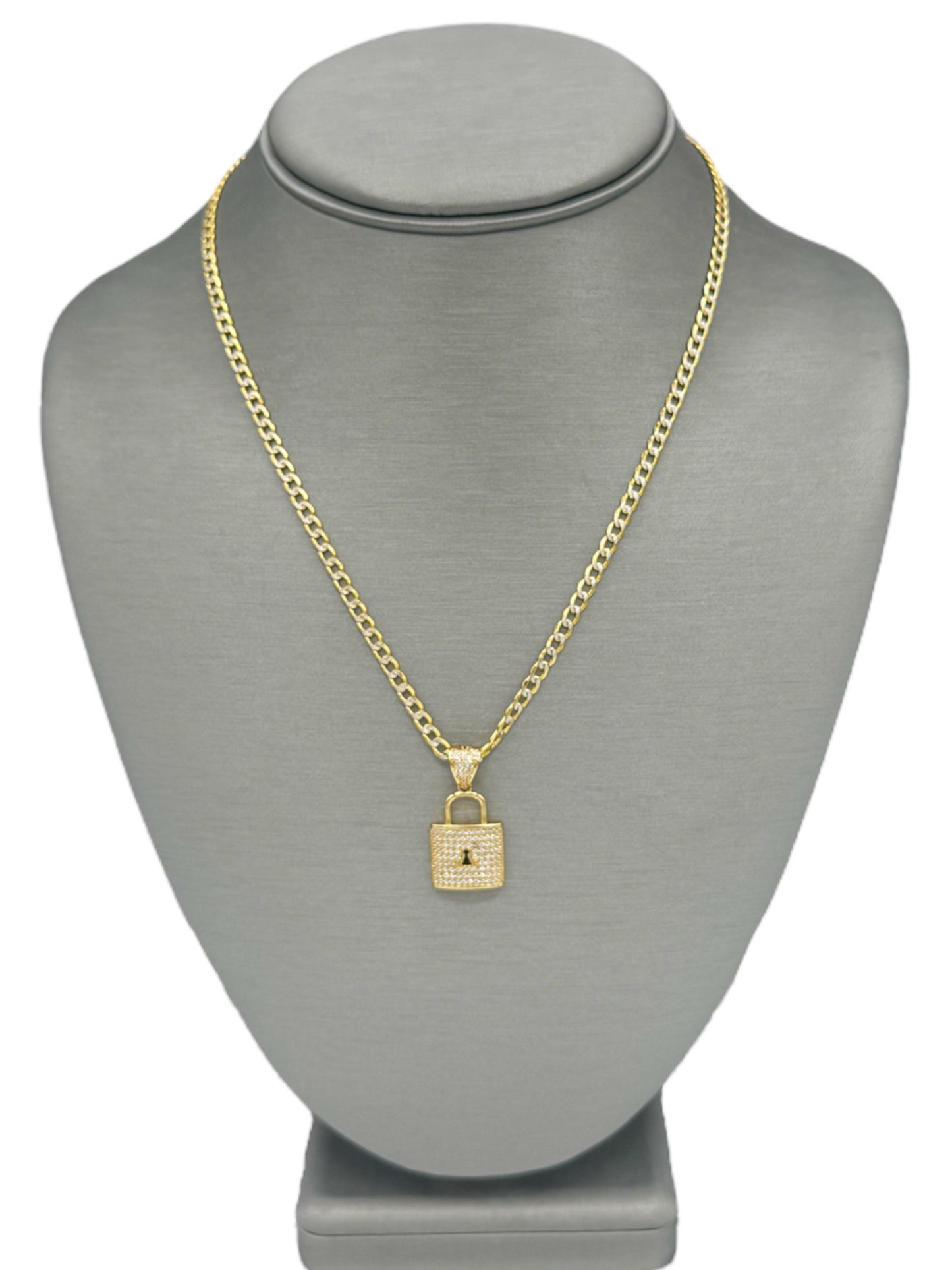 New 14K CZ Lock Pendant & Two Tone Cuban Chain H.J™️