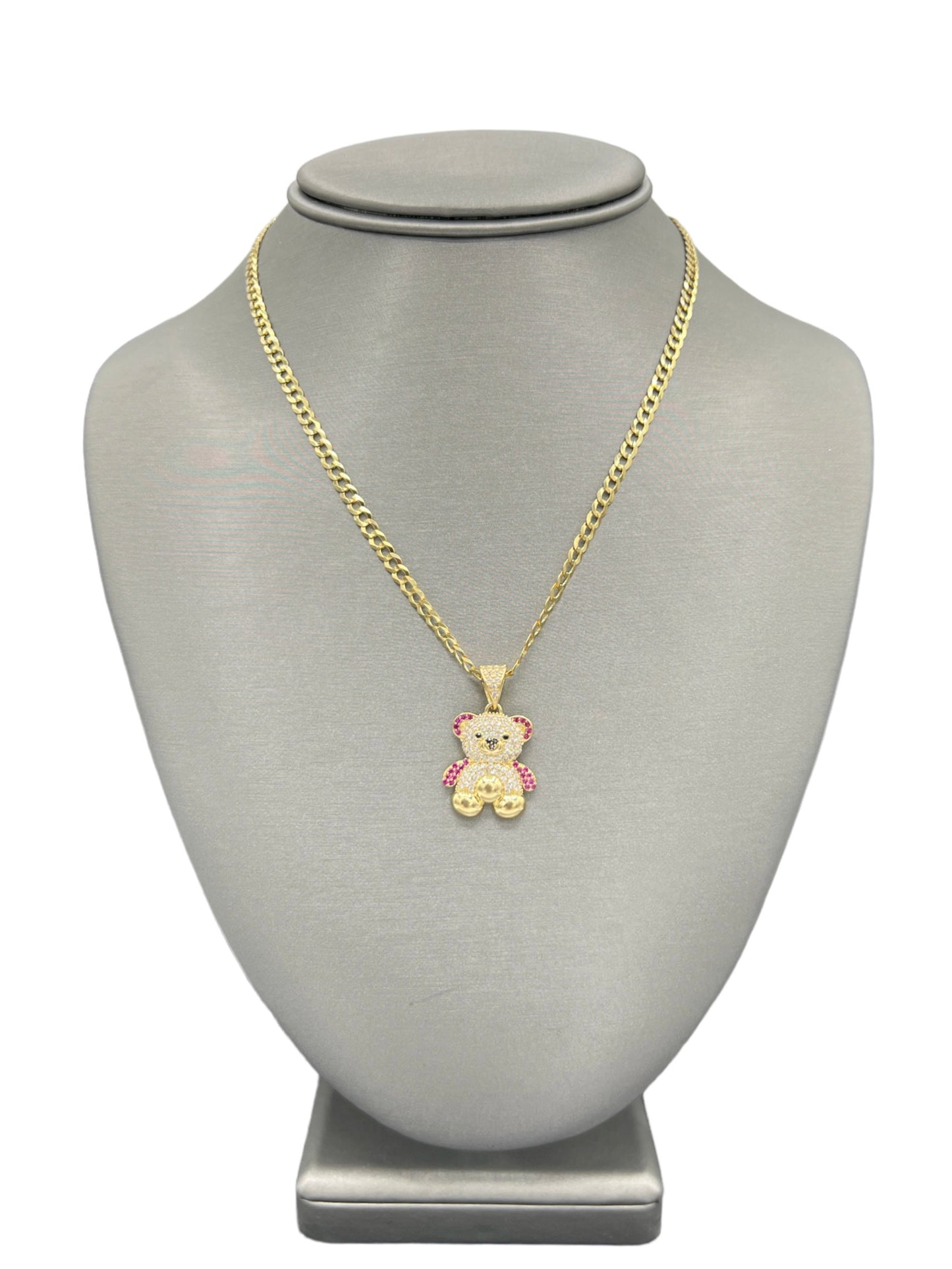 New 14K CZ Teddy Bear Pendant & Solid Cuban Chain (3.6MM). H.J™️