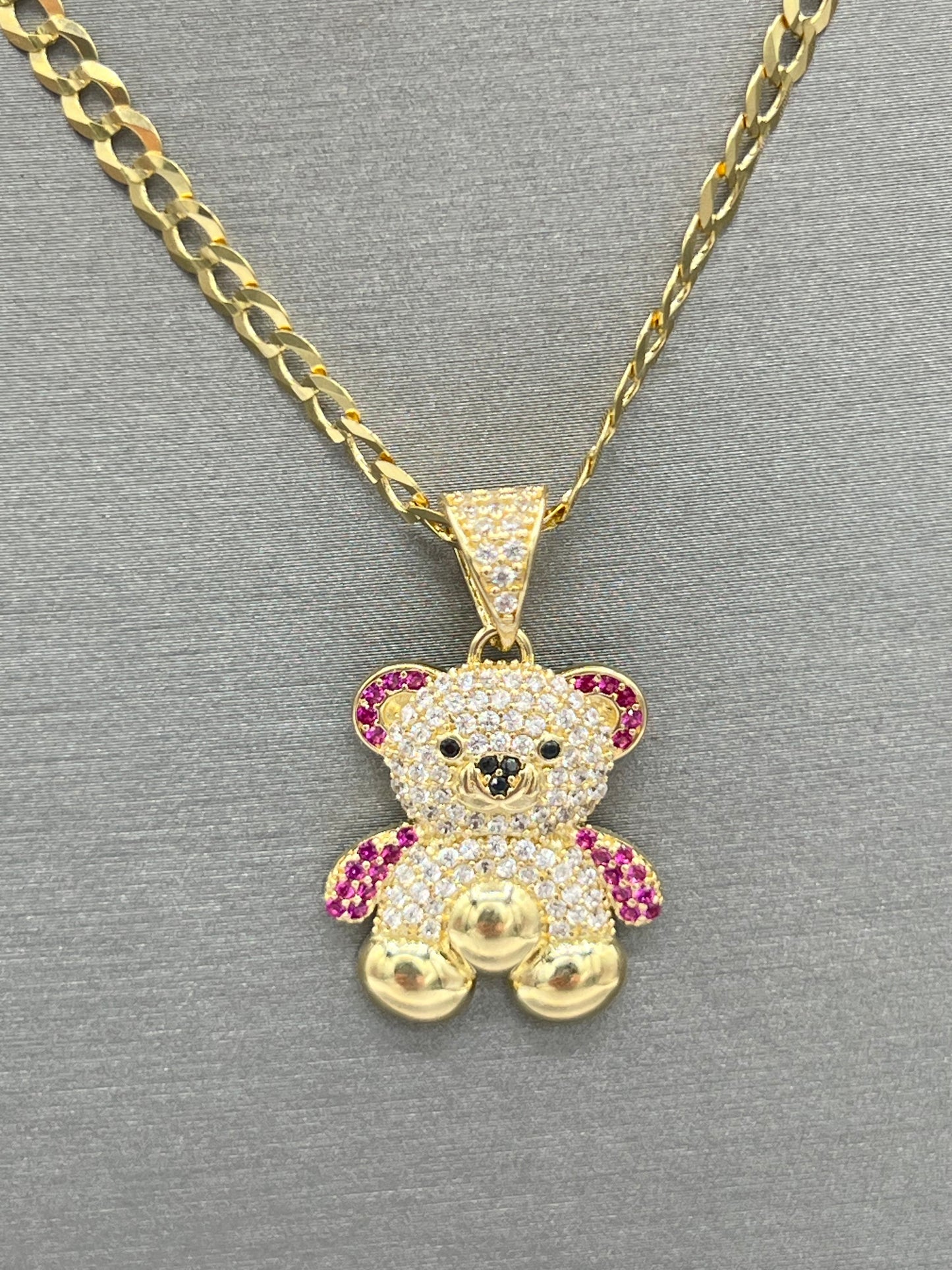 New 14K CZ Teddy Bear Pendant & Solid Cuban Chain (3.6MM). H.J™️